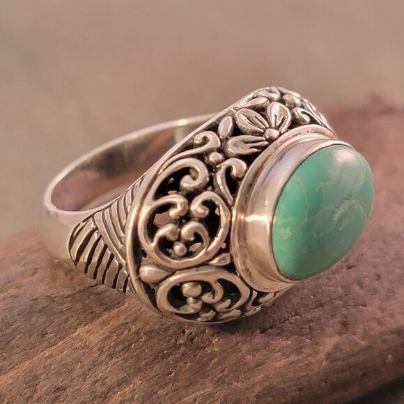 Bali Flower Scroll Green Turquoise Sterling Silver Statement Ring - Picture 2 of 9
